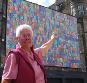Jan Sutch Pickard, who organised the Ross of Mull workshop, points to her 'g'