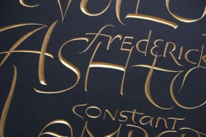 A detail of the gold lettering