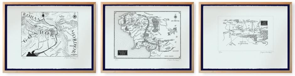 Three maps of Middle Earth, in simple wooden frames